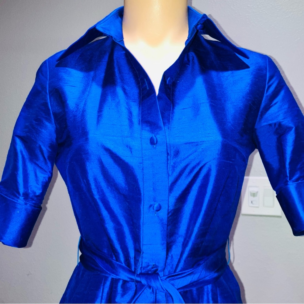 Tahari ASL Bright Cobalt Blue Tie Front Shirt Dress 100% Silk Career Work Sz 2 - Picture 4 of 8
